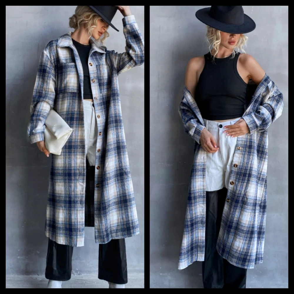 Blue Plaid Long Coat Large NWOT - Picture 2 of 3